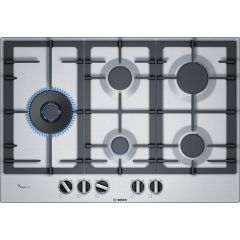 Bosch PCS7A5B90 75cm, 5 burners, 5kW Wok burner, FlameSelect, Cast Iron supports, Flag layout